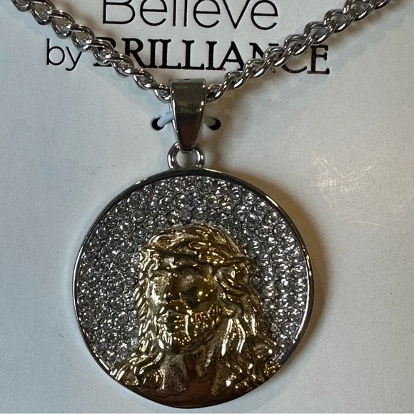 Men's Stainless Steel Crystal Religious Medallion Pendant 24”✨NWT✨ - Picture 6 of 7